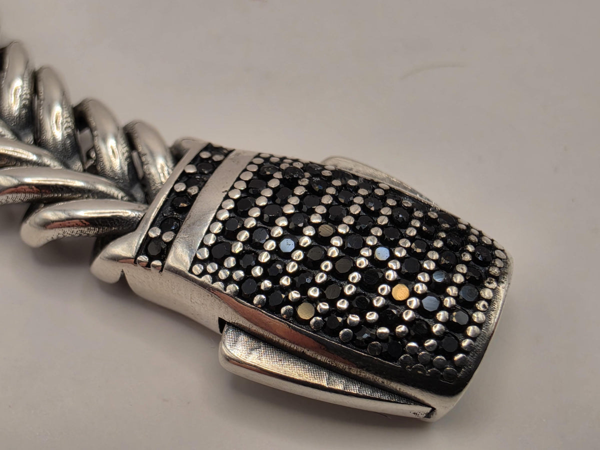 Sterling Silver Chevron Chain Bracelet, 8 Inch, 9mm, Black CZ Clasp