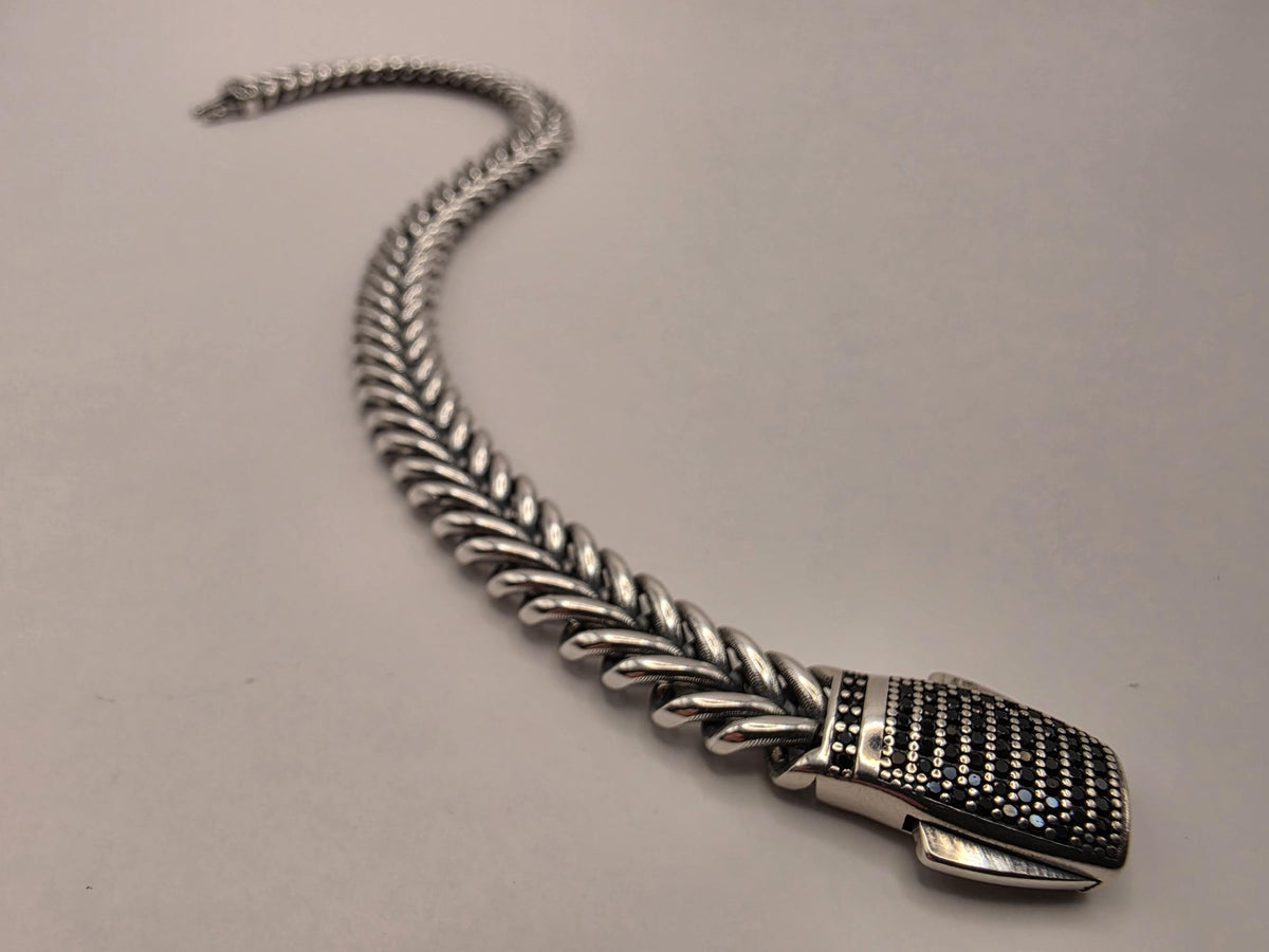 Sterling Silver Chevron Chain Bracelet, 8.5 Inch, 9mm, Black CZ Clasp