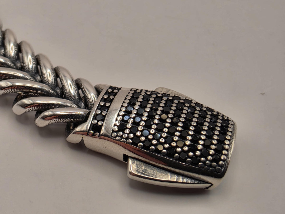 Sterling Silver Chevron Chain Bracelet, 8.5 Inch, 9mm, Black CZ Clasp