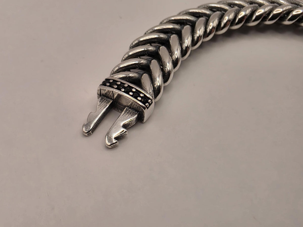 Sterling Silver Chevron Chain Bracelet, 8.5 Inch, 9mm, Black CZ Clasp