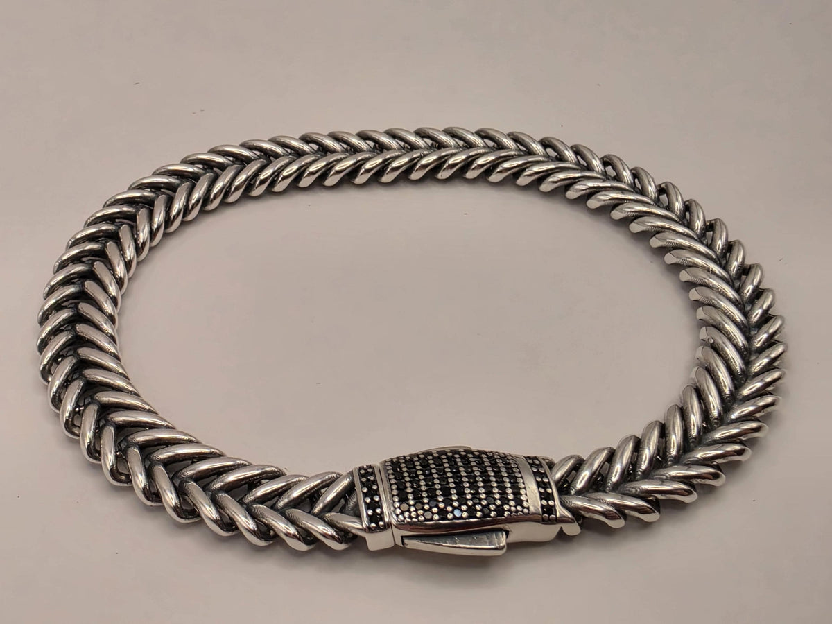 Sterling Silver Chevron Chain Bracelet, 8.5 Inch, 9mm, Black CZ Clasp