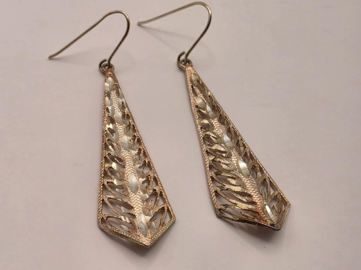 Gold Plated Sterling Silver Openwork Pointed Drop Earrings, 35mm