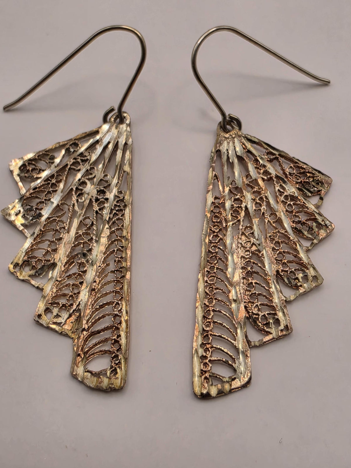 Gold Plated Sterling Silver Fan Filigree Drop Earrings, 36mm