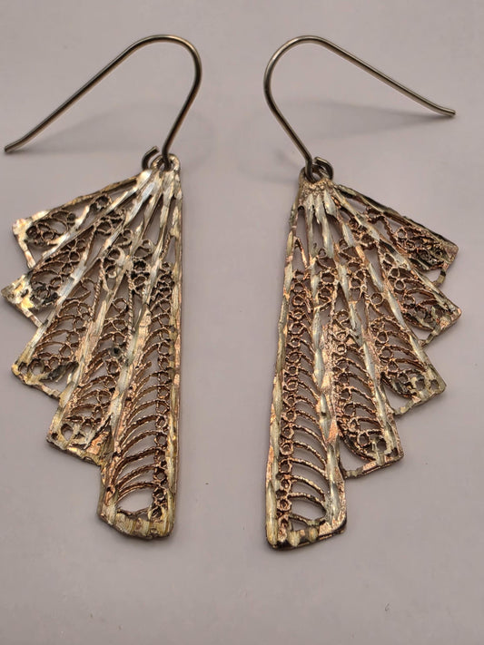 Gold Plated Sterling Silver Fan Filigree Drop Earrings, 36mm