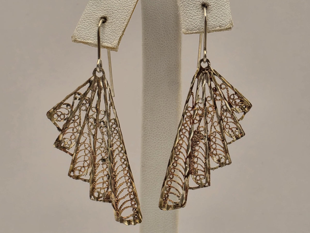 Gold Plated Sterling Silver Fan Filigree Drop Earrings, 36mm