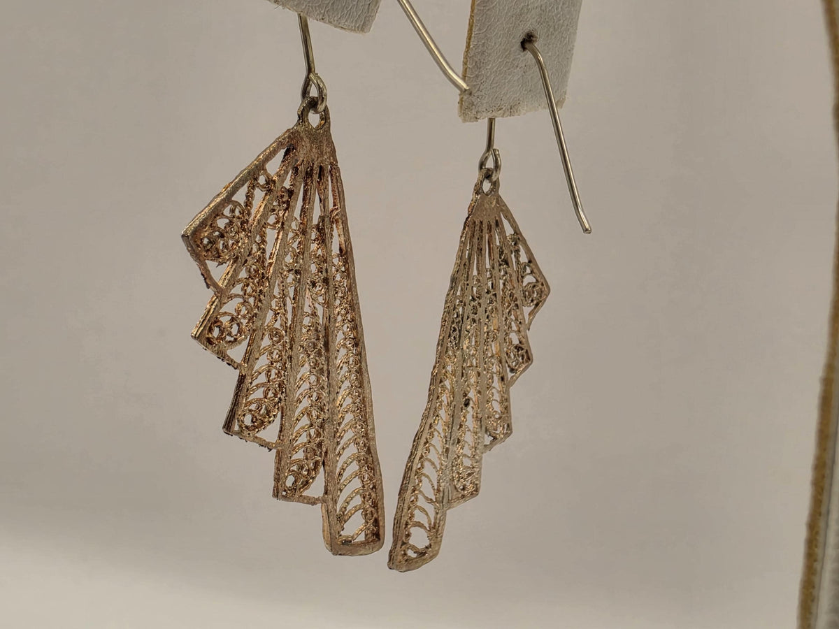 Gold Plated Sterling Silver Fan Filigree Drop Earrings, 36mm