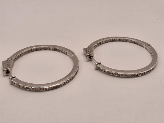 Sterling Silver CZ Hoop Earrings, 1.25 Inch, 8.7g Pair
