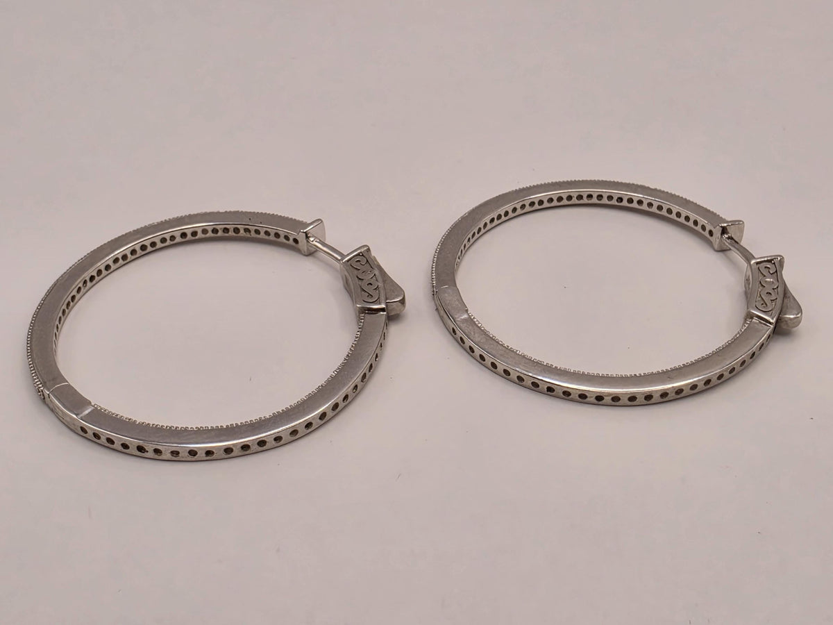 Sterling Silver CZ Hoop Earrings, 1.25 Inch, 8.7g Pair