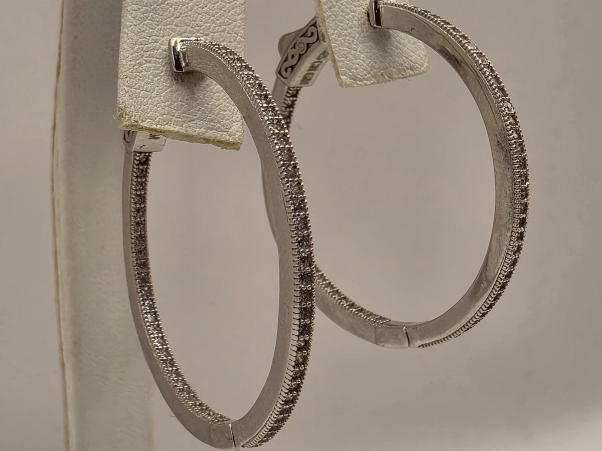 Sterling Silver CZ Hoop Earrings, 1.25 Inch, 8.7g Pair