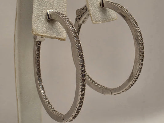 Sterling Silver CZ Hoop Earrings, 1.25 Inch, 8.7g Pair