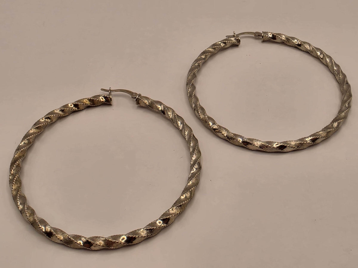 Sterling Silver Textured Twist Hoop Earrings, 2 Inch, 7.4g Pair