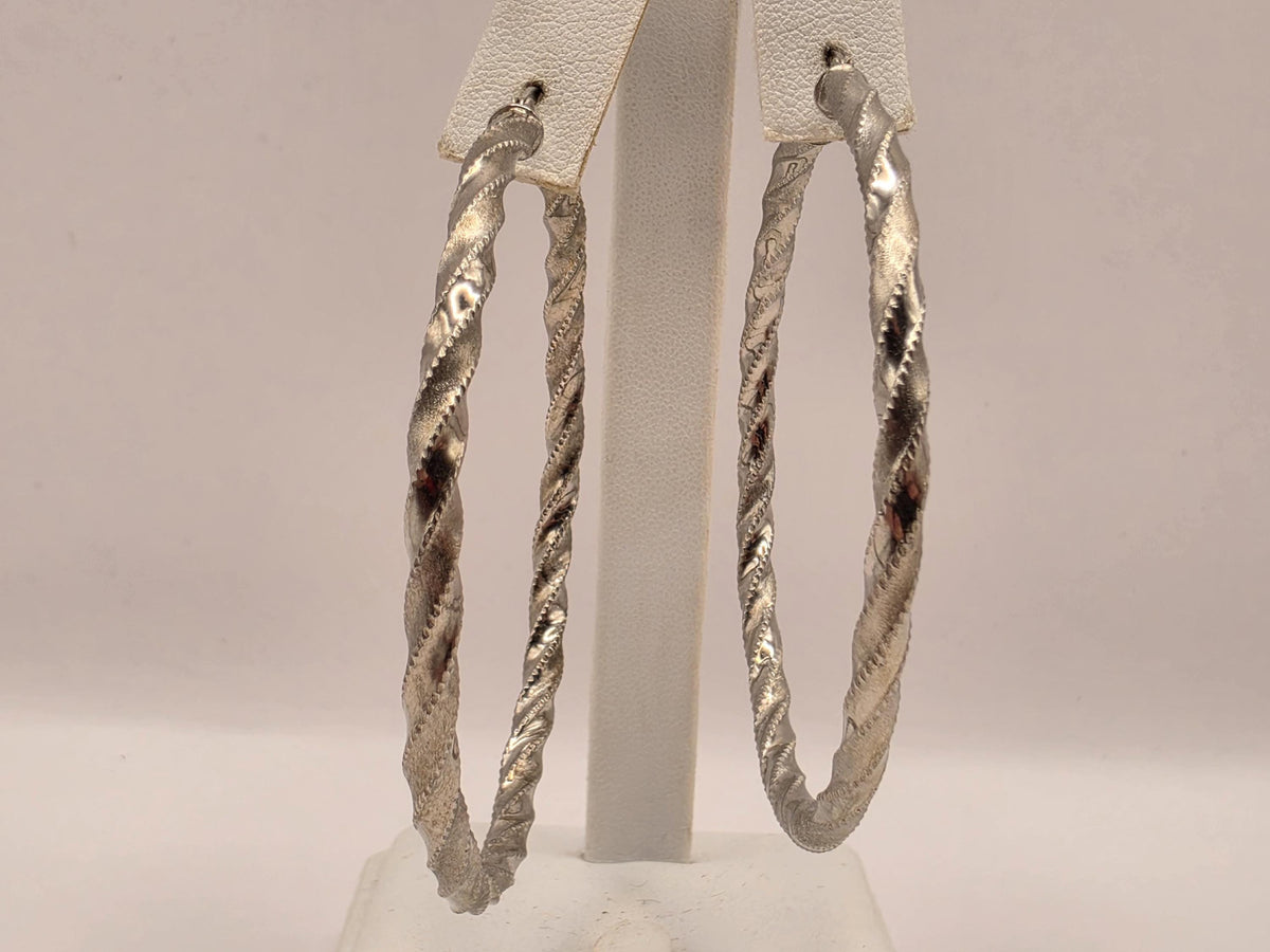Sterling Silver Textured Twist Hoop Earrings, 2 Inch, 7.4g Pair