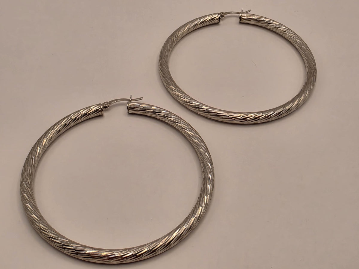 Sterling Silver Etched Twist Hoop Earrings, 2 Inch, 12.6g Pair