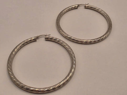 Sterling Silver Etched Twist Hoop Earrings, 2 Inch, 12.6g Pair