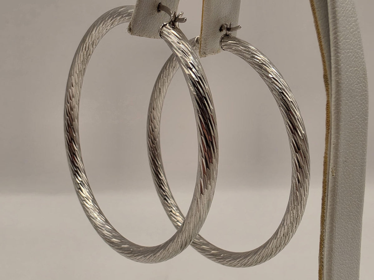 Sterling Silver Etched Twist Hoop Earrings, 2 Inch, 12.6g Pair