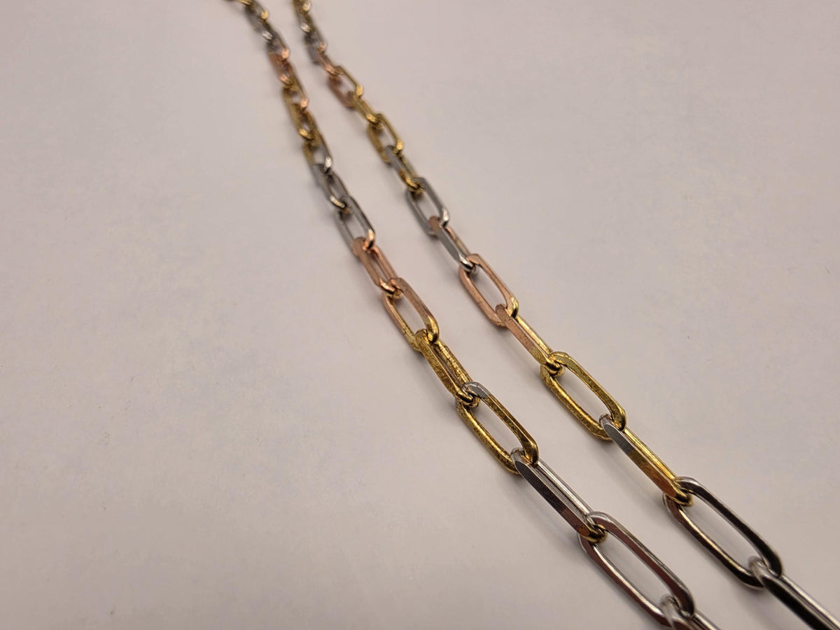 Tri Color Gold Plated Sterling Silver Paperclip Necklace 22 Inch 3mm Mixed Metal Link Chain | Clamdiggers Forge