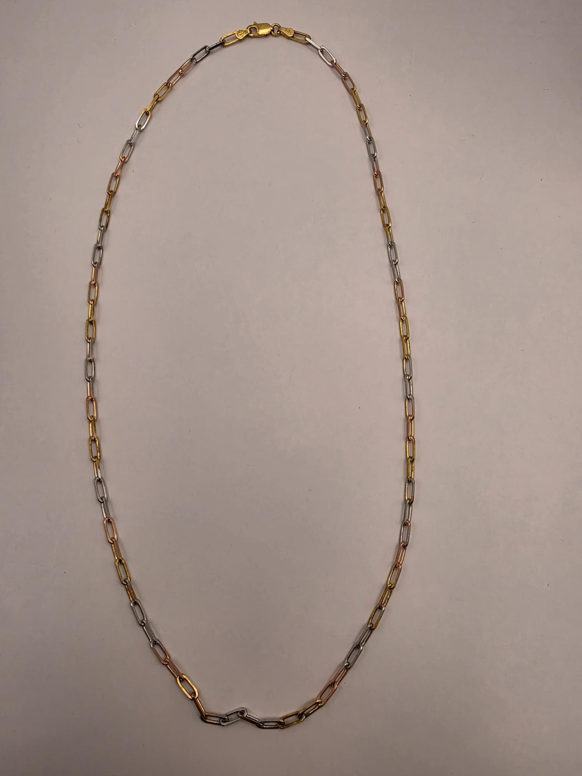 Tri Color Gold Plated Sterling Silver Paperclip Necklace 22 Inch 3mm Mixed Metal Link Chain | Clamdiggers Forge