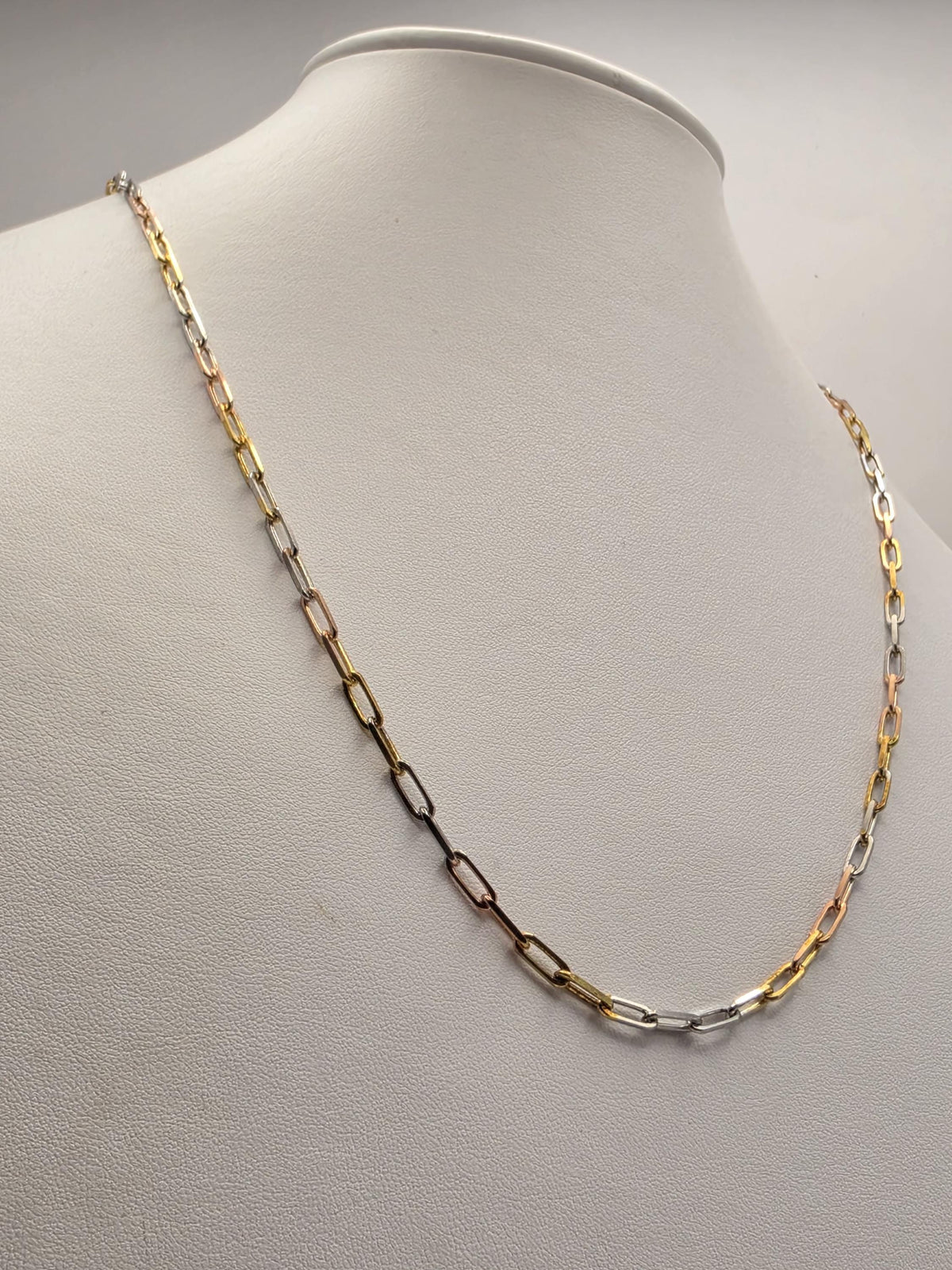 Tri Color Gold Plated Sterling Silver Paperclip Necklace 22 Inch 3mm Mixed Metal Link Chain | Clamdiggers Forge