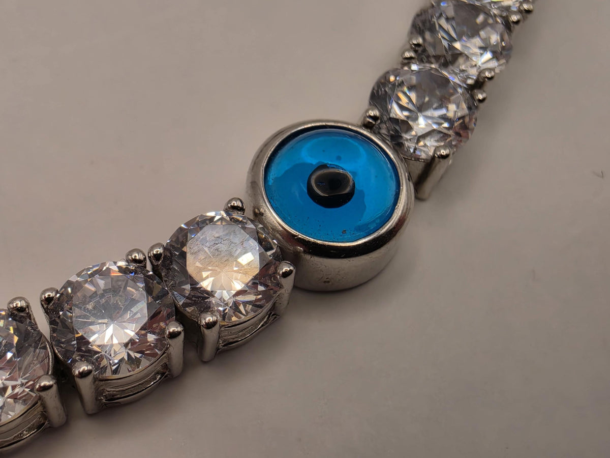 Sterling Silver Evil Eye Tennis Bracelet Clear CZ Blue Nazar 7.5 Inch 17.7g Statement Jewelry | Clamdiggers Forge