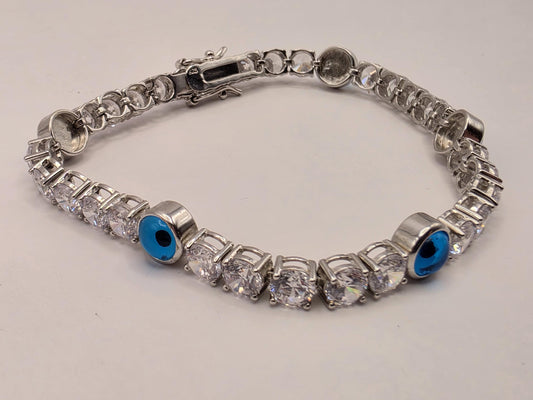 Sterling Silver Evil Eye Tennis Bracelet Clear CZ Blue Nazar 7.5 Inch 17.7g Statement Jewelry | Clamdiggers Forge