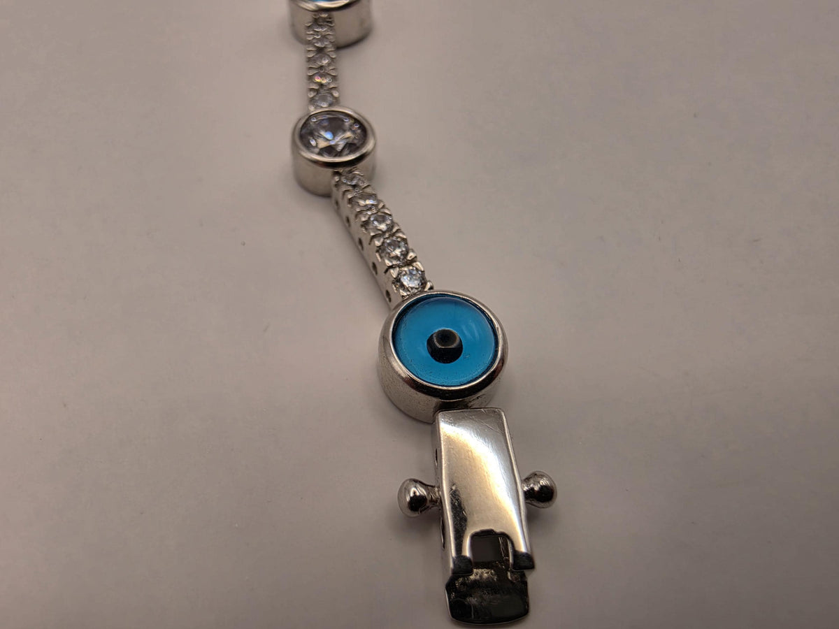 Sterling Silver Evil Eye CZ Station Bracelet 7 Inch 7.5mm Blue Nazar Tennis Style Jewelry | Clamdiggers Forge