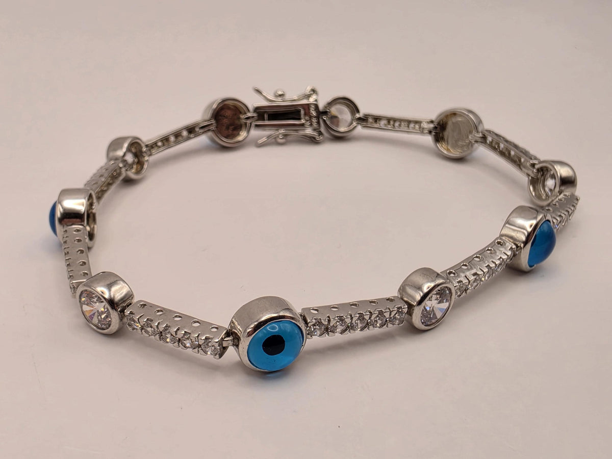 Sterling Silver Evil Eye CZ Station Bracelet 7 Inch 7.5mm Blue Nazar Tennis Style Jewelry | Clamdiggers Forge