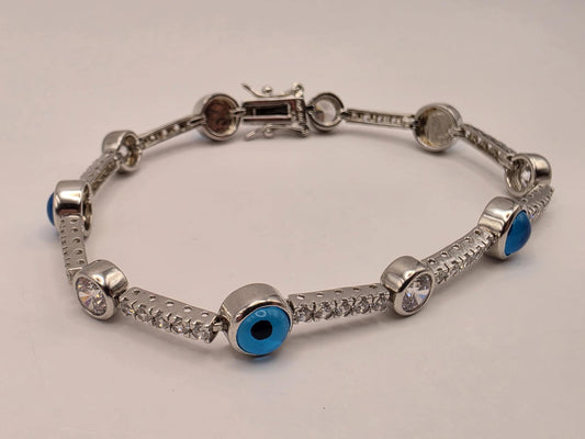 Sterling Silver Evil Eye CZ Station Bracelet 7 Inch 7.5mm Blue Nazar Tennis Style Jewelry | Clamdiggers Forge