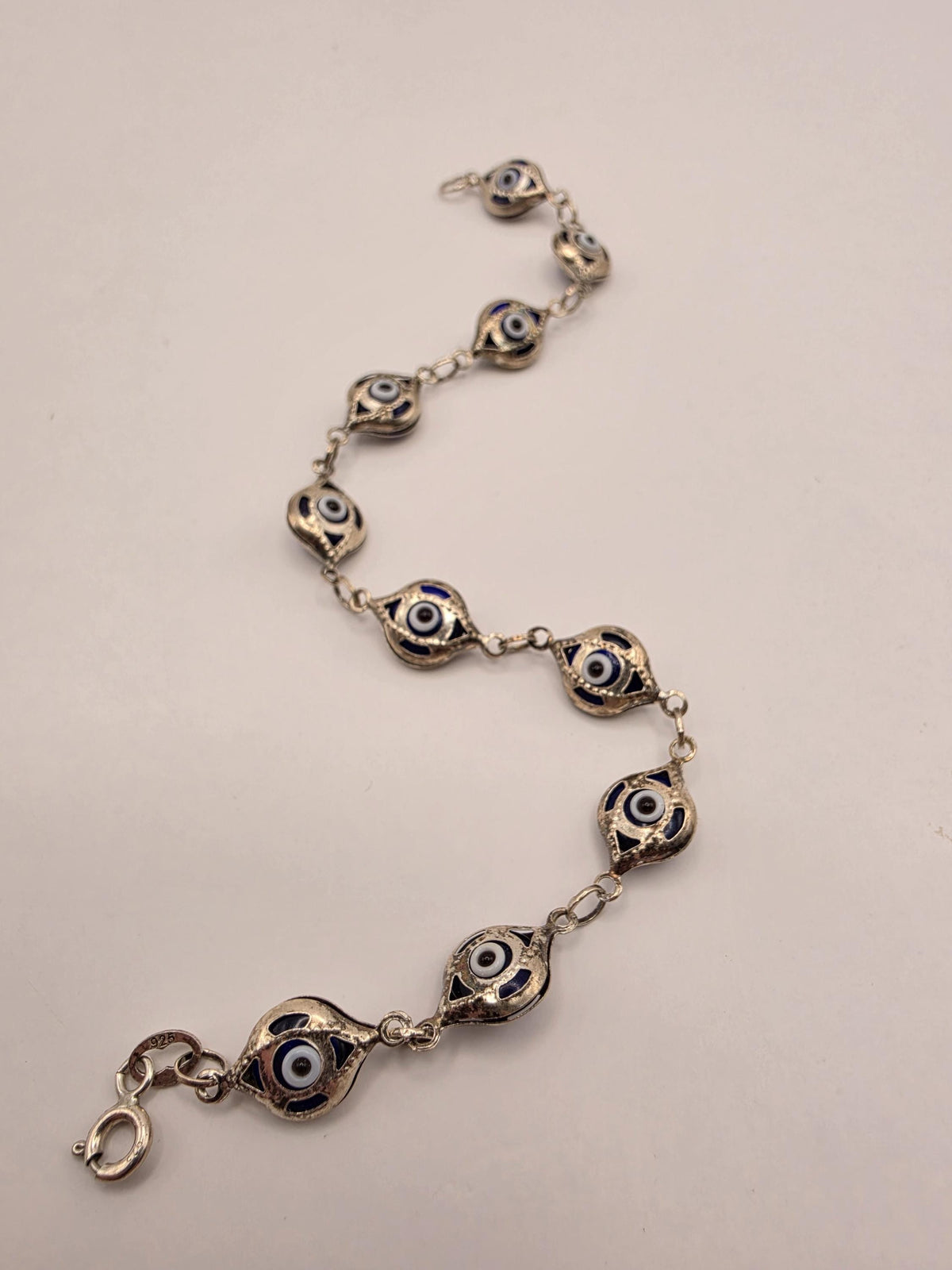 Sterling Silver Evil Eye Link Bracelet 7.5 Inch 8.5mm Blue Enamel Nazar Protection Jewelry | Clamdiggers Forge