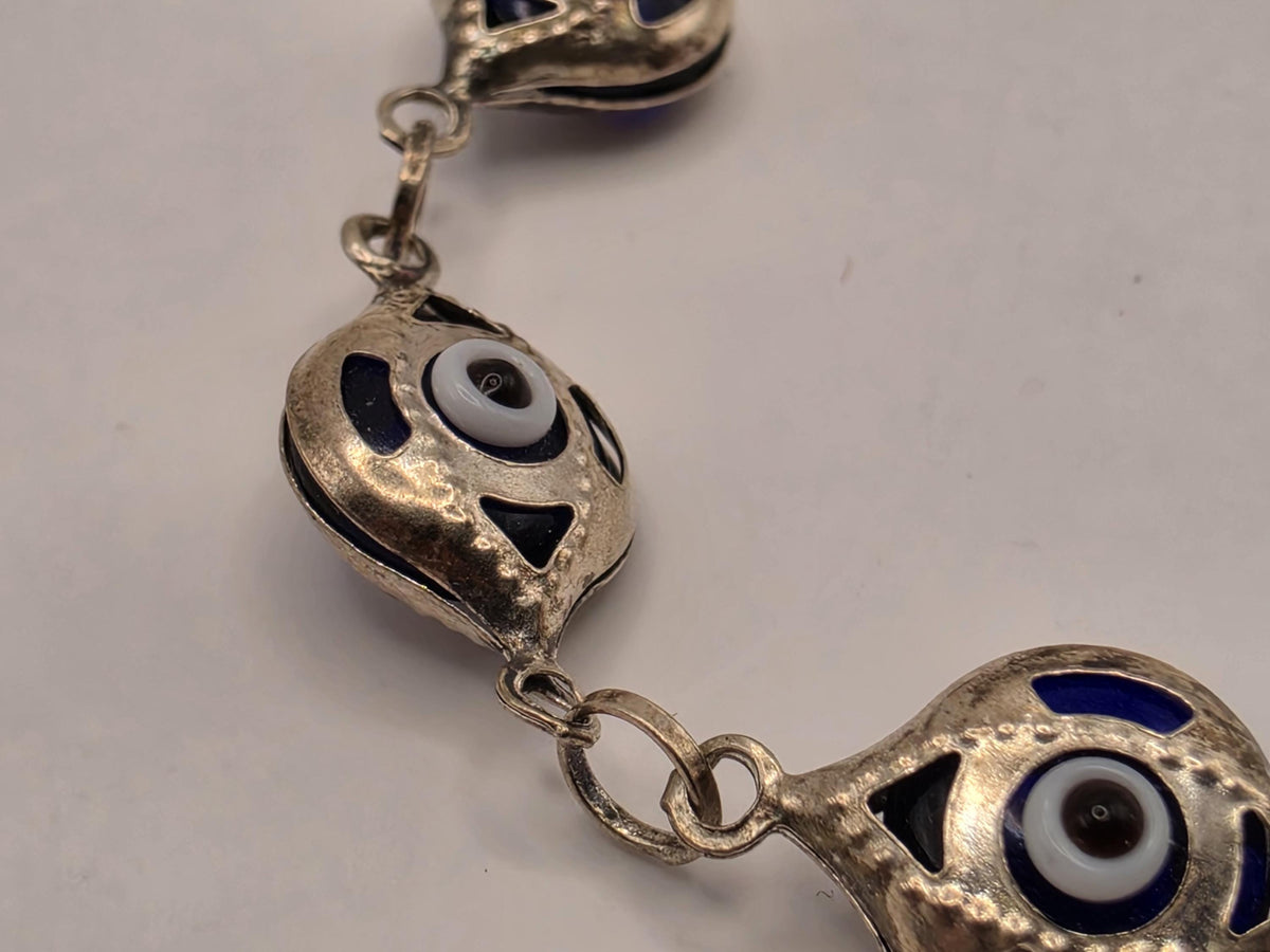 Sterling Silver Evil Eye Link Bracelet 7.5 Inch 8.5mm Blue Enamel Nazar Protection Jewelry | Clamdiggers Forge