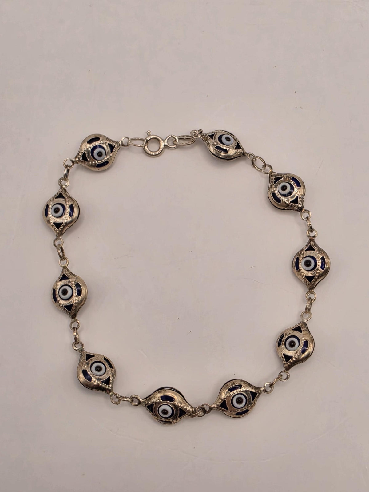 Sterling Silver Evil Eye Link Bracelet 7.5 Inch 8.5mm Blue Enamel Nazar Protection Jewelry | Clamdiggers Forge