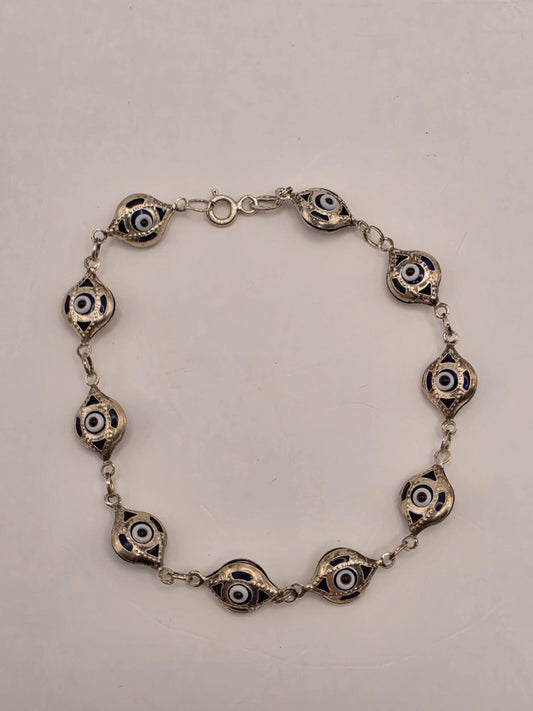 Sterling Silver Evil Eye Link Bracelet 7.5 Inch 8.5mm Blue Enamel Nazar Protection Jewelry | Clamdiggers Forge