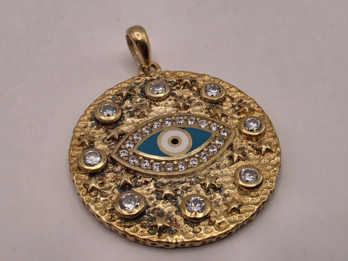 Gold Plated Sterling Silver Evil Eye Medallion Pendant Blue Enamel CZ Round Protection Charm | Clamdiggers Forge