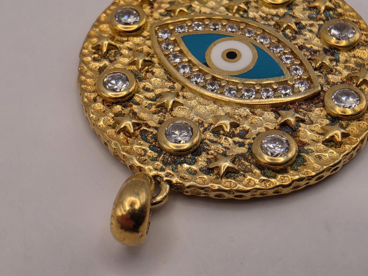 Gold Plated Sterling Silver Evil Eye Medallion Pendant Blue Enamel CZ Round Protection Charm | Clamdiggers Forge