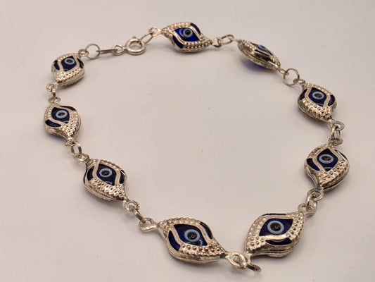 Sterling Silver Blue Evil Eye Link Bracelet 7.5 Inch 7.5mm Enamel Protection Jewelry | Clamdiggers Forge