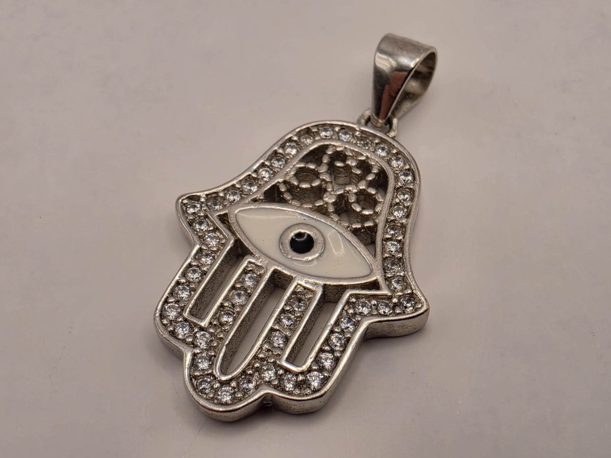 Sterling Silver Hamsa Evil Eye Pendant Clear CZ Hand of Fatima Protection Charm .75 Inch | Clamdiggers Forge