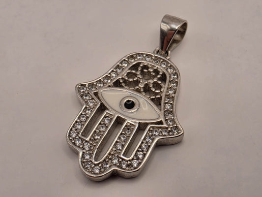 Sterling Silver Hamsa Evil Eye Pendant Clear CZ Hand of Fatima Protection Charm .75 Inch | Clamdiggers Forge