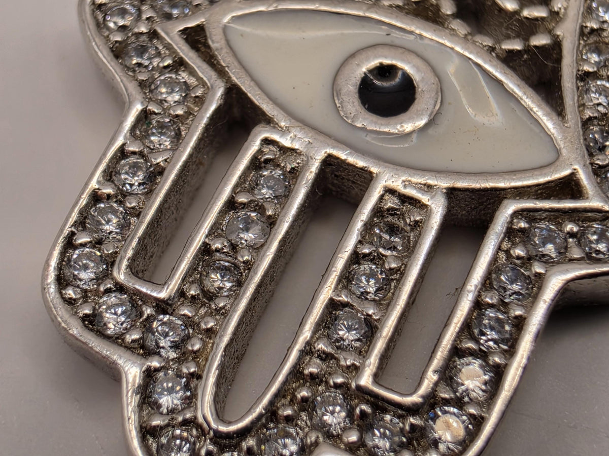 Sterling Silver Hamsa Evil Eye Pendant Clear CZ Hand of Fatima Protection Charm .75 Inch | Clamdiggers Forge