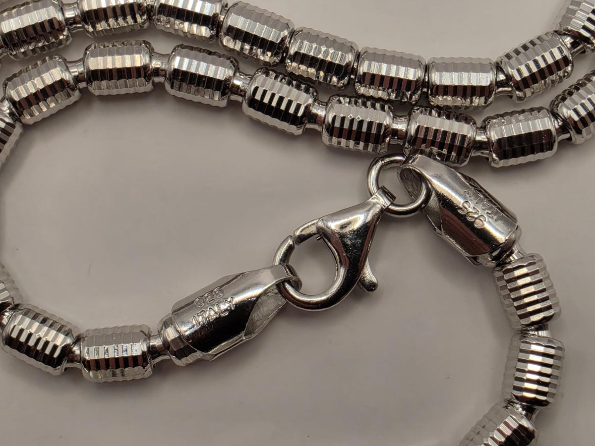 Sterling Silver Diamond Cut Drum Bead Chain Necklace 20 Inch 4mm 20.9g 925 Silver | Clamdiggers Forge