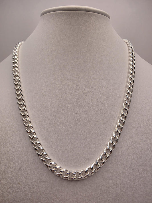 Rhodium Plated Sterling Silver Cuban Link Necklace 20 Inch 7mm 32.2g Semi Hollow Curb Chain