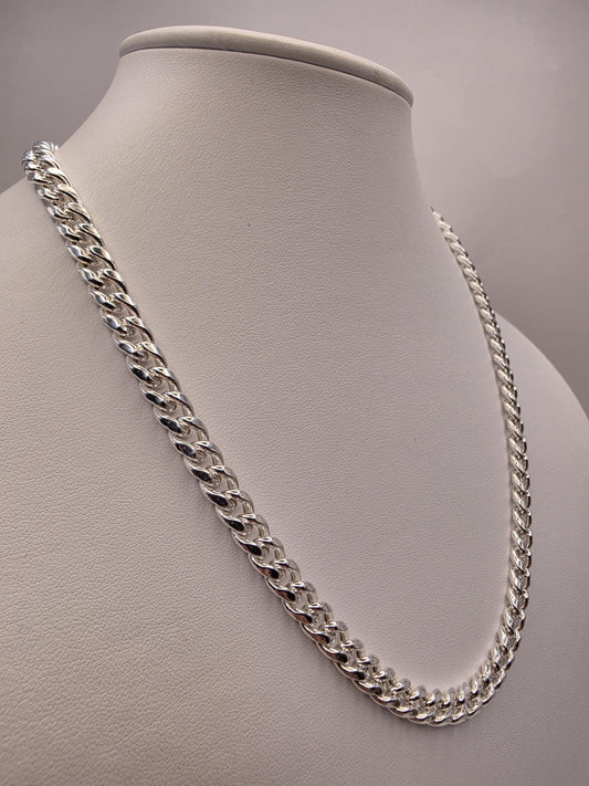 Rhodium Plated Sterling Silver Cuban Link Necklace 20 Inch 7mm 32.2g Semi Hollow Curb Chain