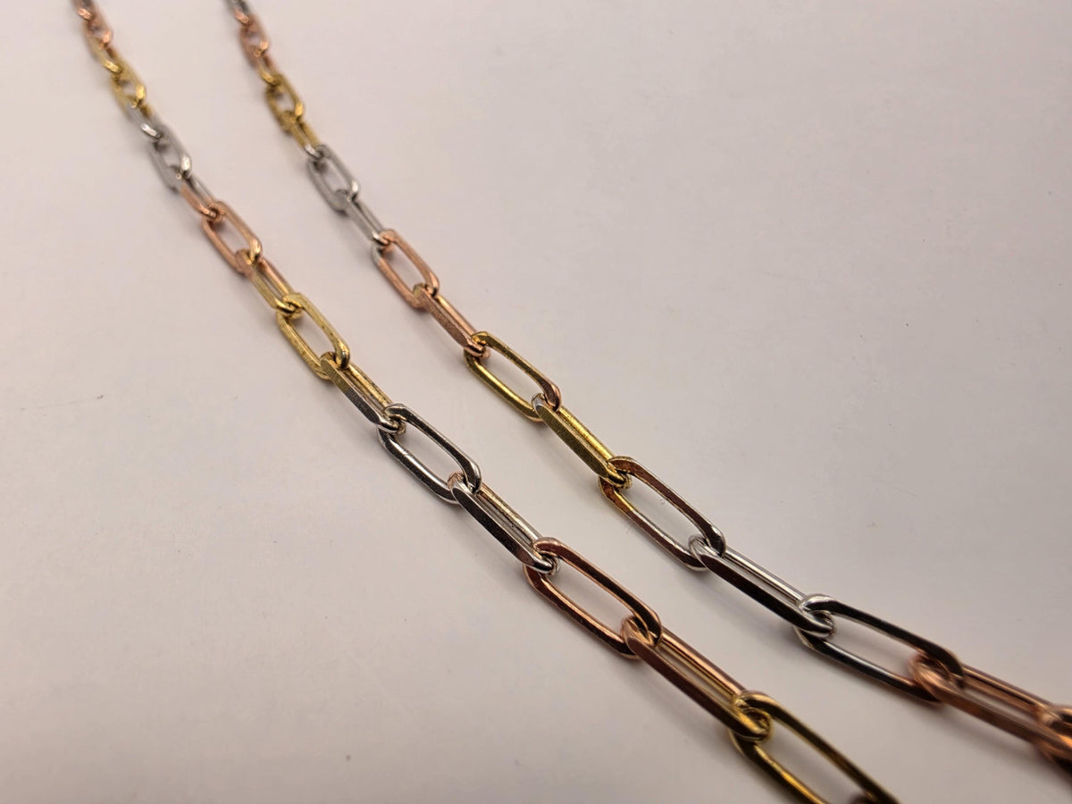Tri Color Gold Plated Sterling Silver Paperclip Necklace 20 Inch 3mm Mixed Metal Link Chain | Clamdiggers Forge