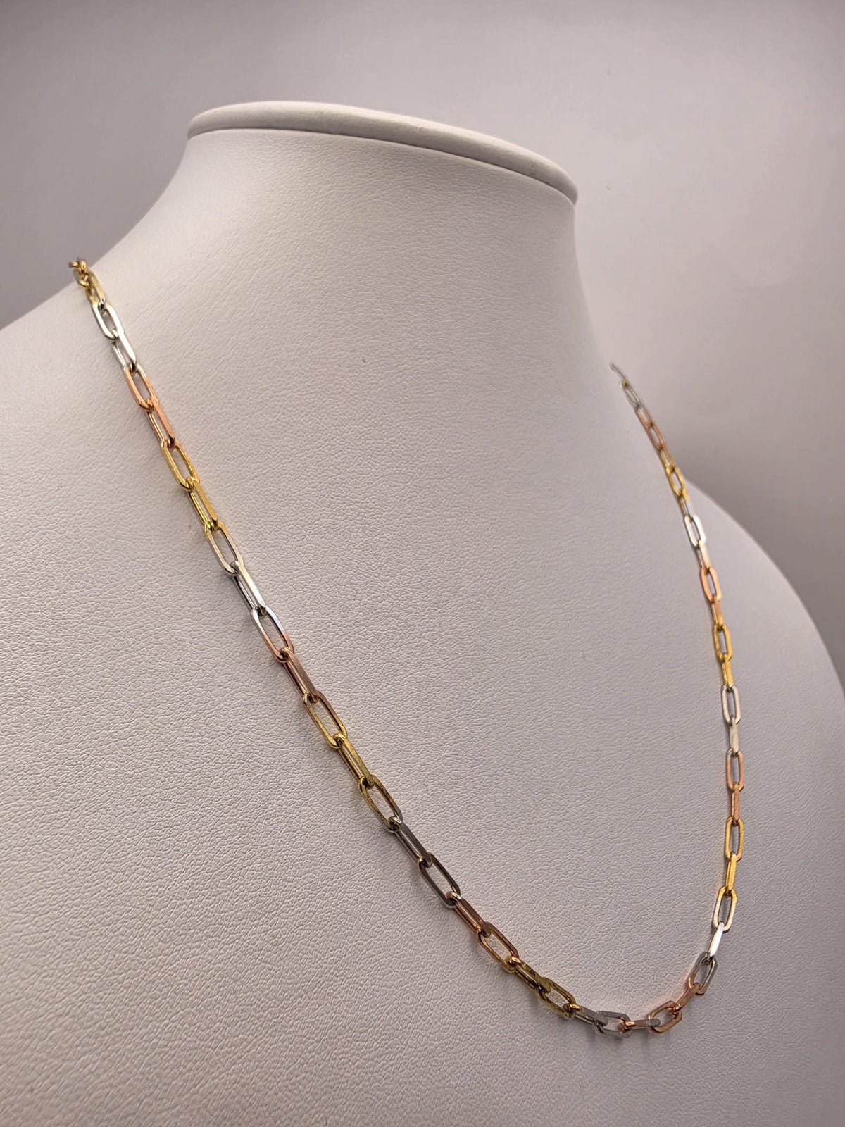 Tri Color Gold Plated Sterling Silver Paperclip Necklace 20 Inch 3mm Mixed Metal Link Chain | Clamdiggers Forge