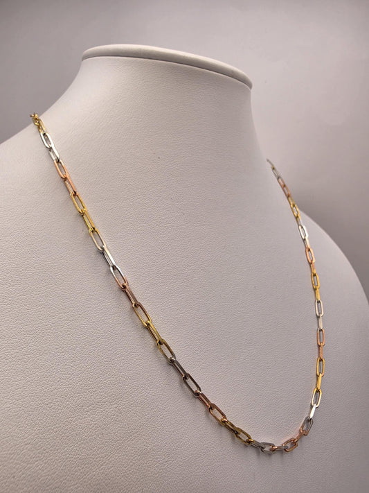 Tri Color Gold Plated Sterling Silver Paperclip Necklace 20 Inch 3mm Mixed Metal Link Chain | Clamdiggers Forge