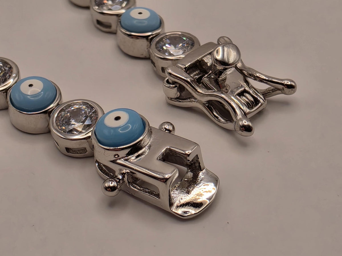 Sterling Silver Light Blue Evil Eye CZ Tennis Bracelet 8 Inch 5mm Nazar Bezel Station Jewelry | Clamdiggers Forge