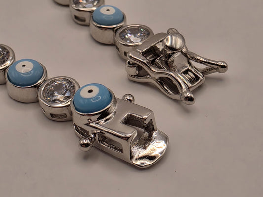 Sterling Silver Light Blue Evil Eye CZ Tennis Bracelet 8 Inch 5mm Nazar Bezel Station Jewelry | Clamdiggers Forge