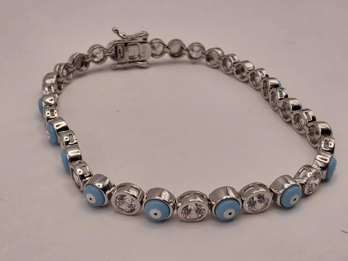 Sterling Silver Light Blue Evil Eye CZ Tennis Bracelet 8 Inch 5mm Nazar Bezel Station Jewelry | Clamdiggers Forge