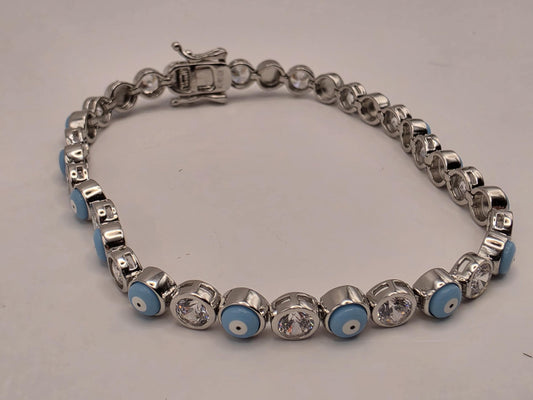 Sterling Silver Light Blue Evil Eye CZ Tennis Bracelet 8 Inch 5mm Nazar Bezel Station Jewelry | Clamdiggers Forge