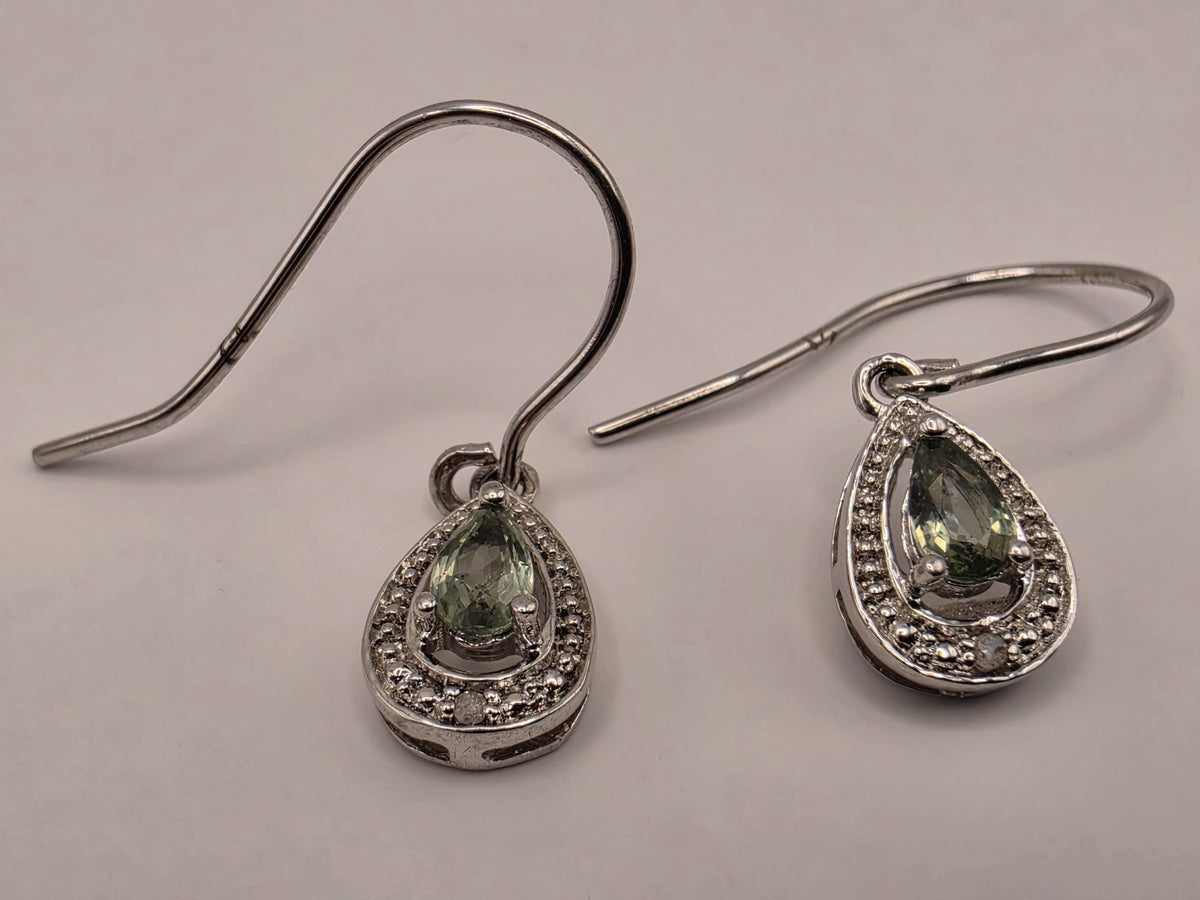 Sterling Silver Green Teardrop Halo Earrings Clear CZ French Wire Dangle Pair .5 Inch | Clamdiggers Forge
