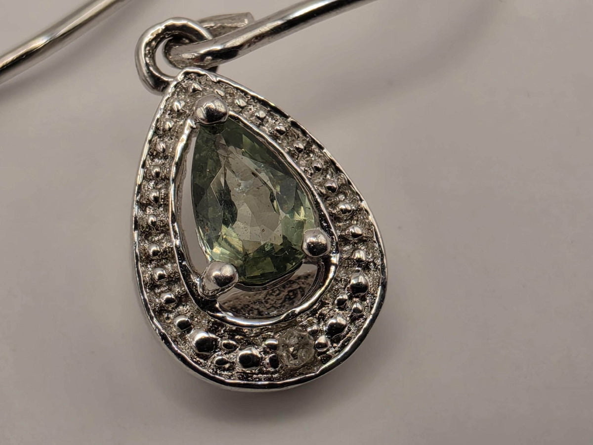 Sterling Silver Green Teardrop Halo Earrings Clear CZ French Wire Dangle Pair .5 Inch | Clamdiggers Forge