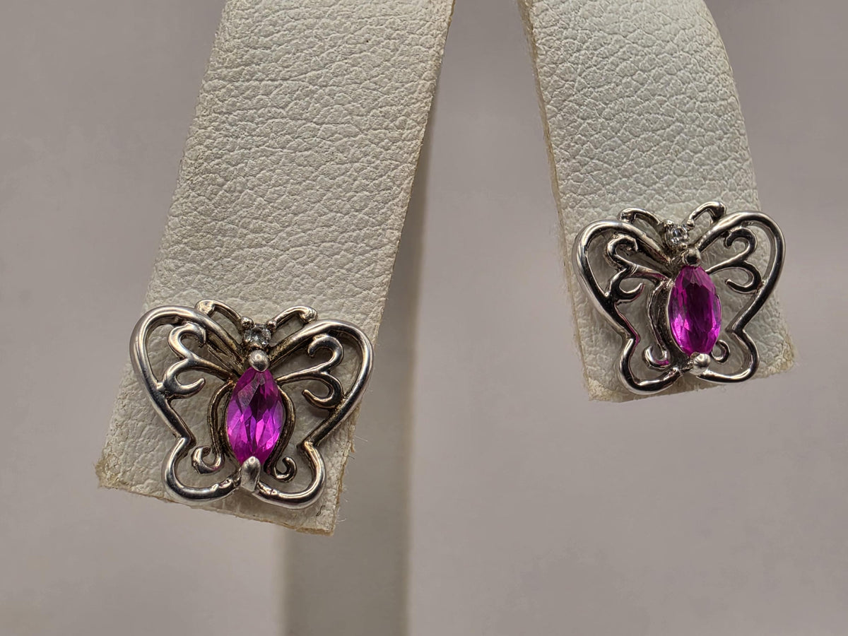 Sterling Silver Butterfly Stud Earrings Pink Teardrop Stone Openwork Pair .375 x .5 Inch | Clamdiggers Forge